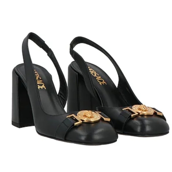 Versace Shoes - NIB Versace Glossy Black Heels with Gold Medallion